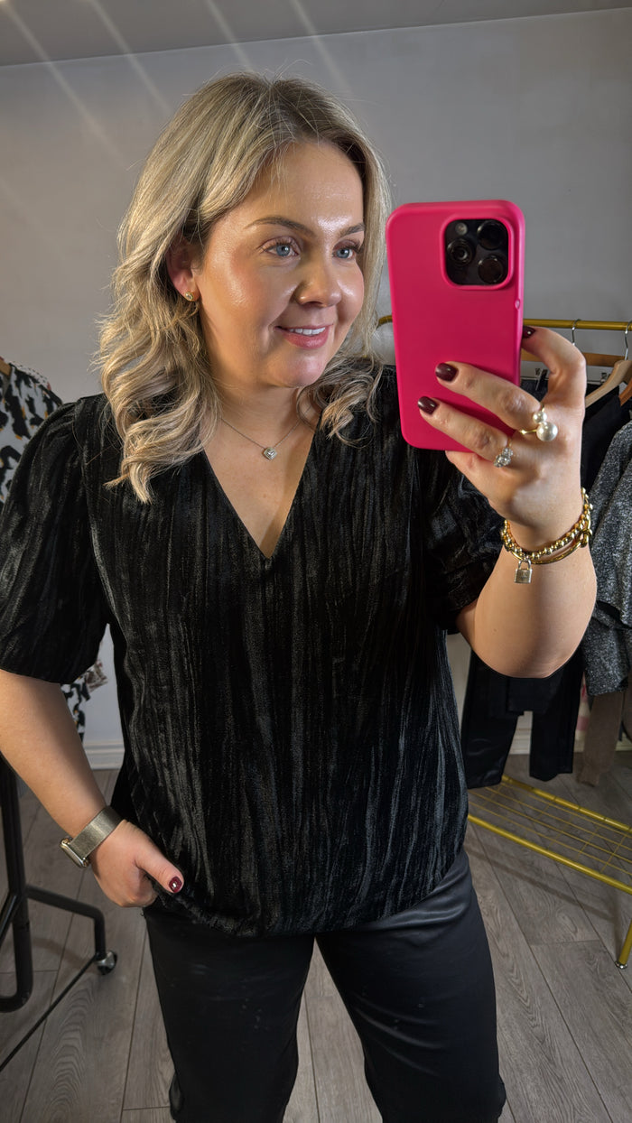 KAFFE Kaelva Black Velvet V-Neck Blouse
