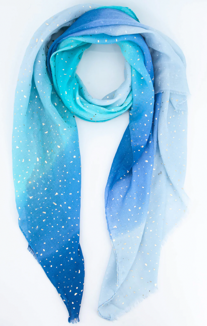 Ruby 67 Blue Ombre Stripes Scarf with Gold Metallic Highlights