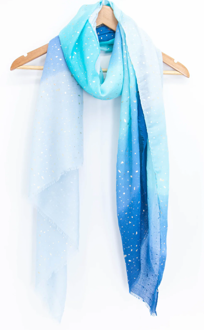 Ruby 67 Blue Ombre Stripes Scarf with Gold Metallic Highlights