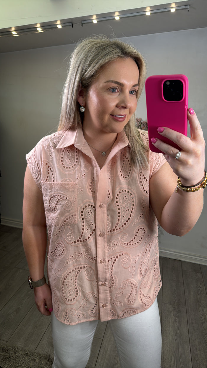 Access Fashion Powder Pink Oversized Broderie Shirt with Embellishment