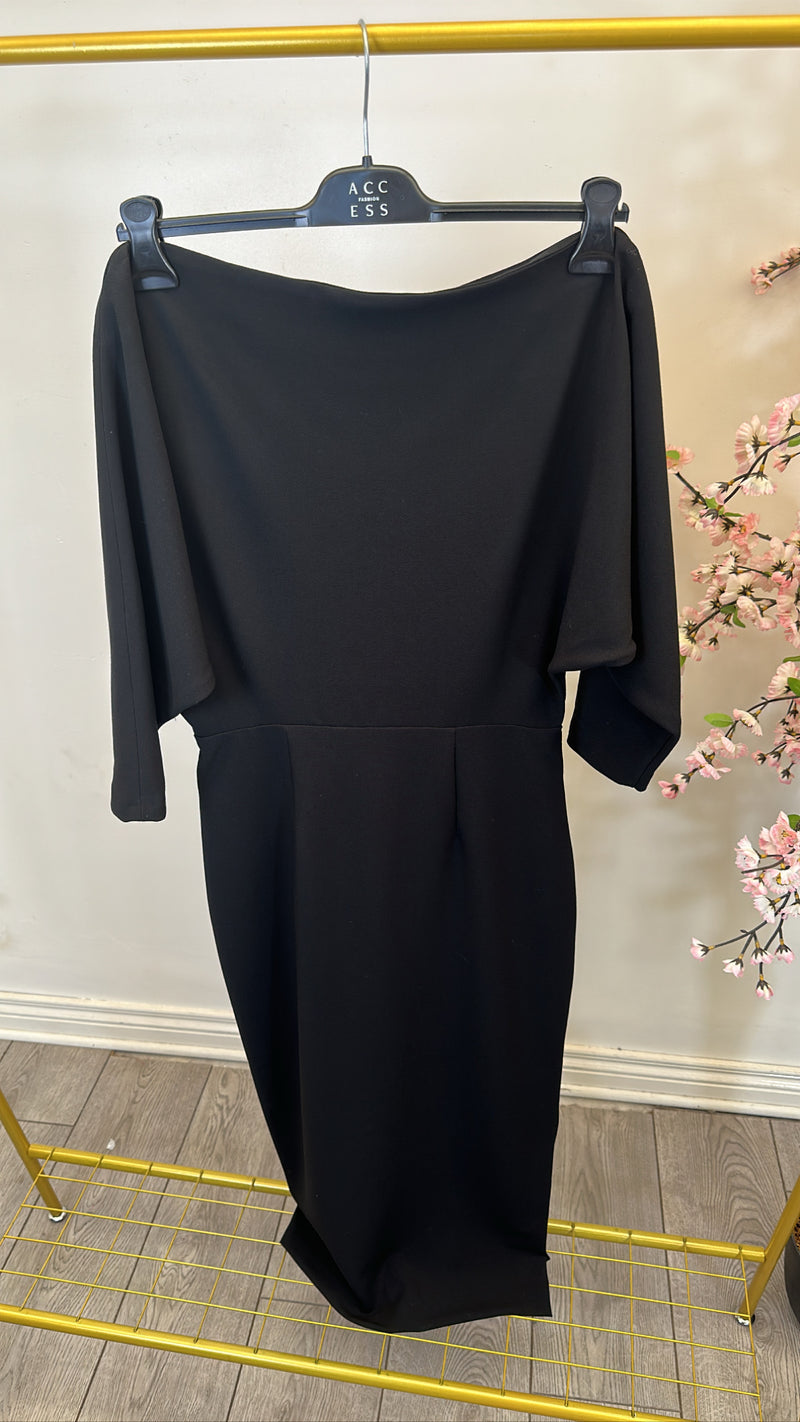 Access Fashion Black Midi Dress with Boat Neckline, 34-3314Access Fashion Black Midi Dress with Boat Neckline, 34-3314