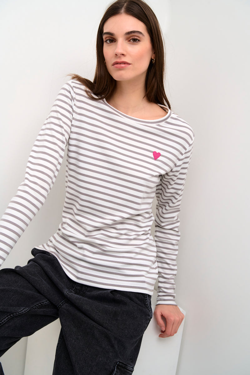 Kaffe Liddy Chalk/Grey Stripe Top with Fuchsia Heart, 10502821