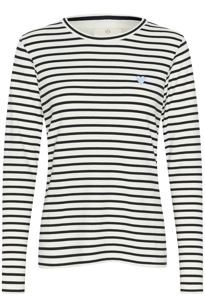 Kaffe Liddy Chalk/Black Stripe Top with Baby Blue Heart