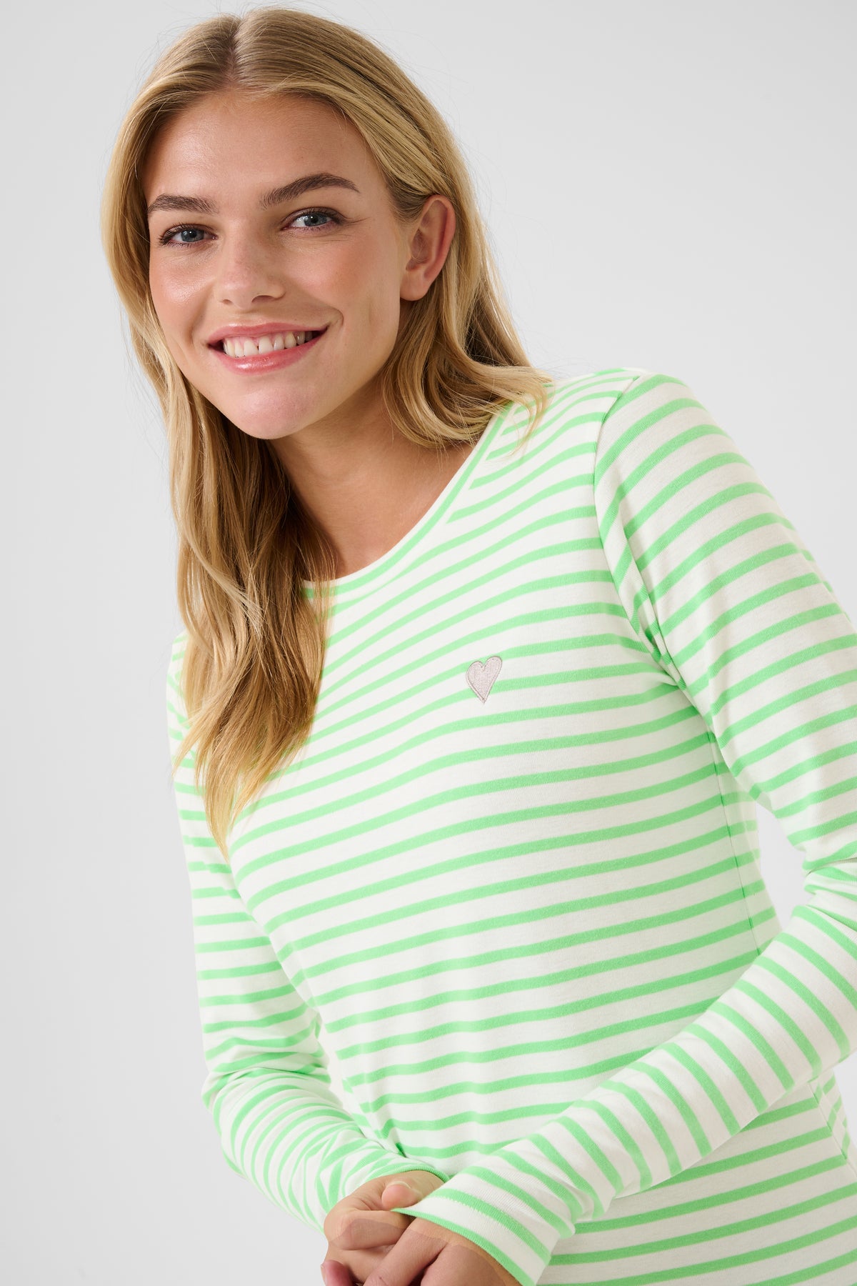 Kaffe Liddy Chalk/Green Stripe Top with Grey Heart