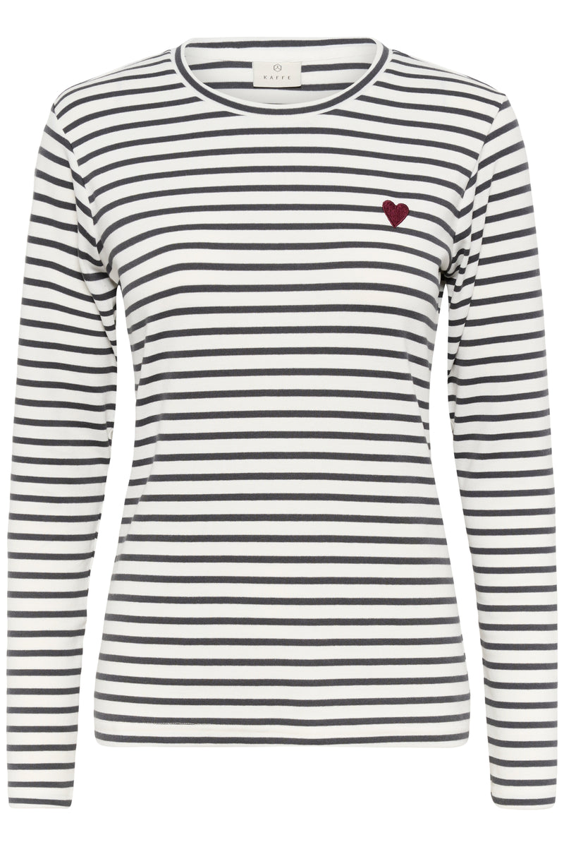 Kaffe Liddy Chalk/Dark Grey Stripe Top with Burgundy Heart