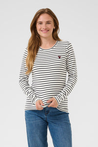 Kaffe Liddy Chalk/Dark Grey Stripe Top with Burgundy Heart, 10502821