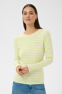 Kaffe Liddy Chalk/Wild Lime Stripe Top with Pink Heart, 10502821