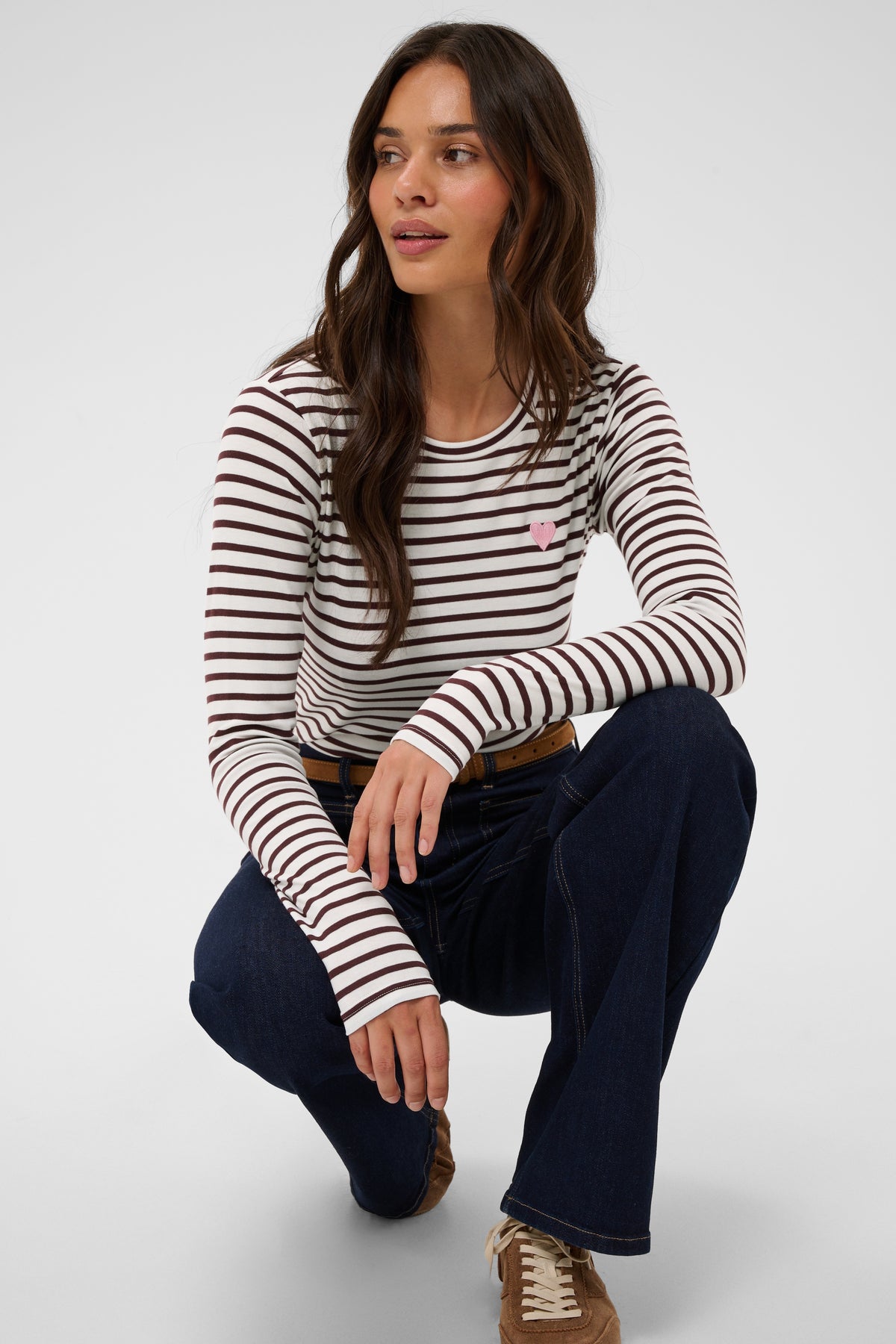 Kaffe Liddy Chalk/Fudge Burgundy Stripe Top with Baby Pink Heart