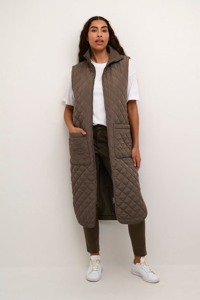 Kaffe Kaseverina Major Brown Quilted Longline Button Gilet, 10505855