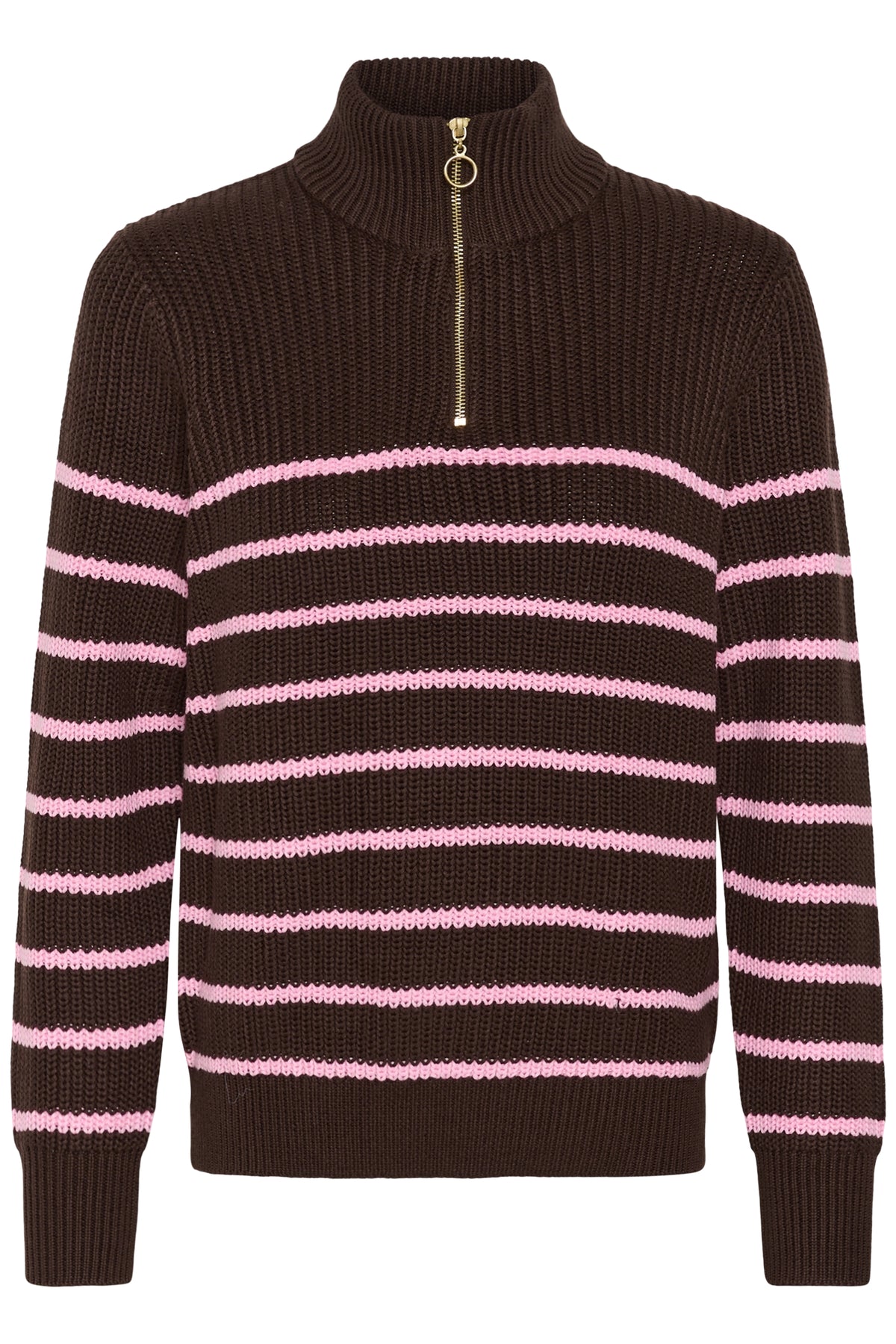 Kaffe Kalioa Coffee Bean/Pink Stripe Knitted Half Zip Jumper, 10506116