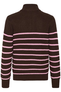 Kaffe Kalioa Coffee Bean/Pink Stripe Knitted Half Zip Jumper, 10506116
