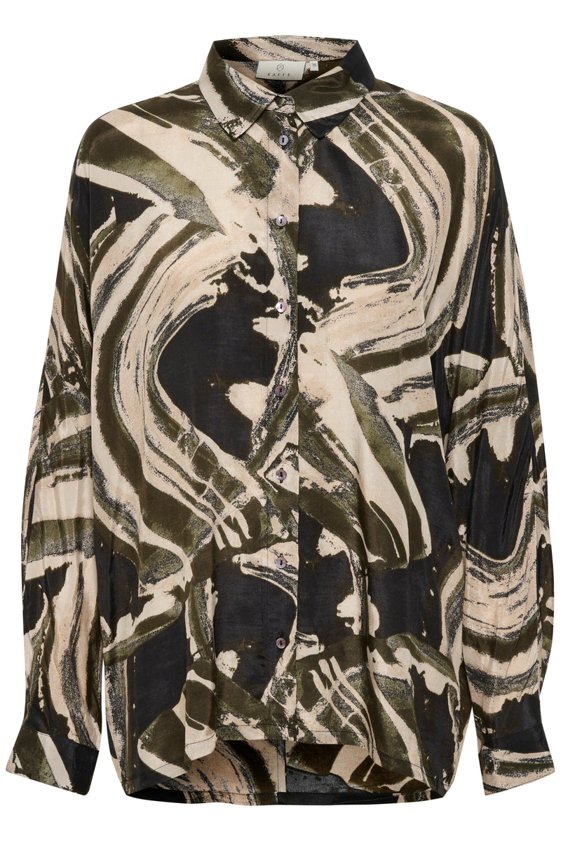 Kaffe Kasophia Black/Khaki Green Abstract Stroke Print Oversized Shirt, 10507974