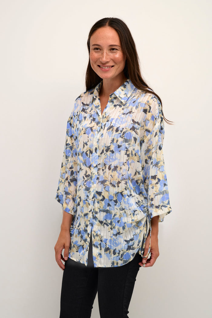 Kaffe Kaeva Blue/Yellow Floral Oversized Longline Shirt, 10508334