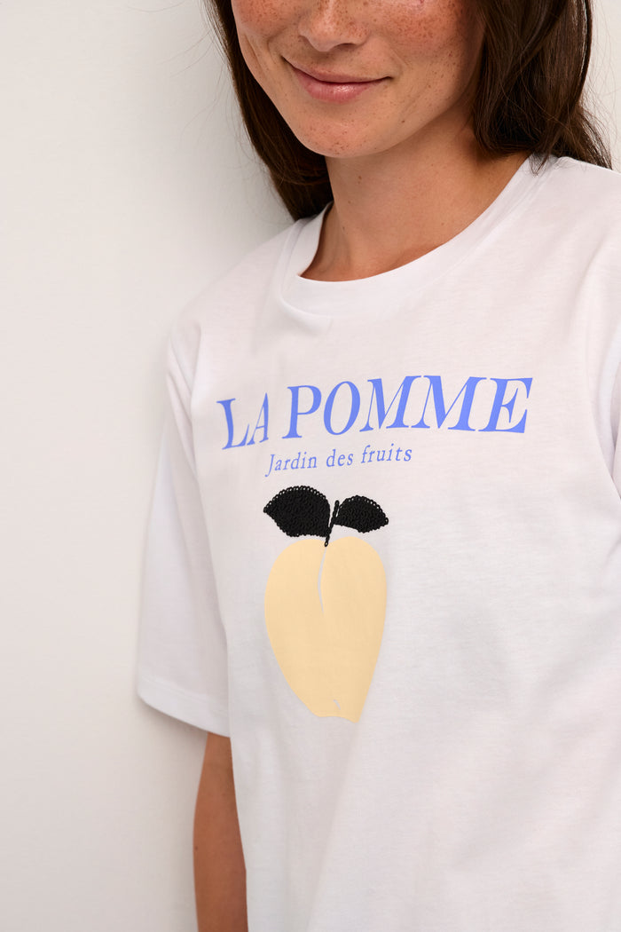 Kaffe Kadina Optical White/Yellow Apple 'La Pomme' T-Shirt, 10508474