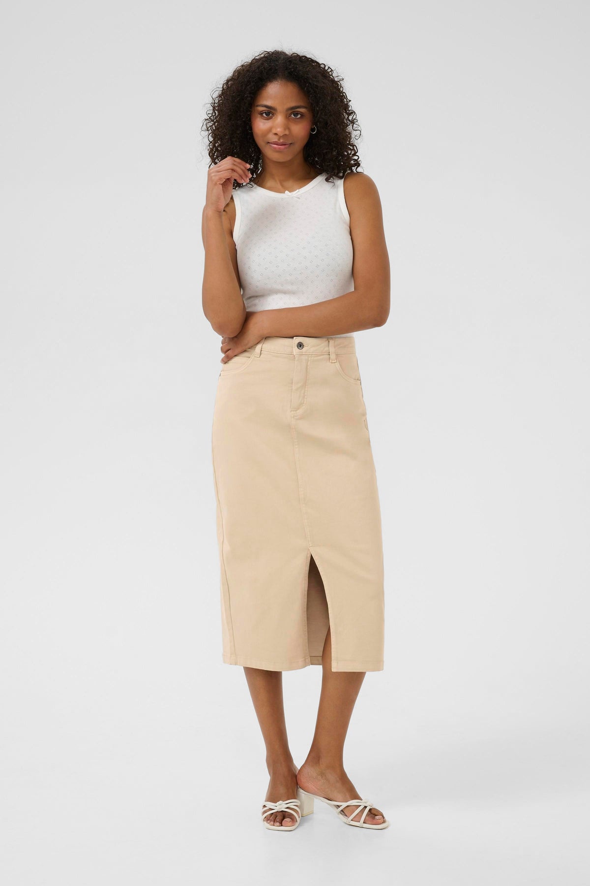Kaffe Kazelina Feather Beige Denim Stretch Midi Skirt