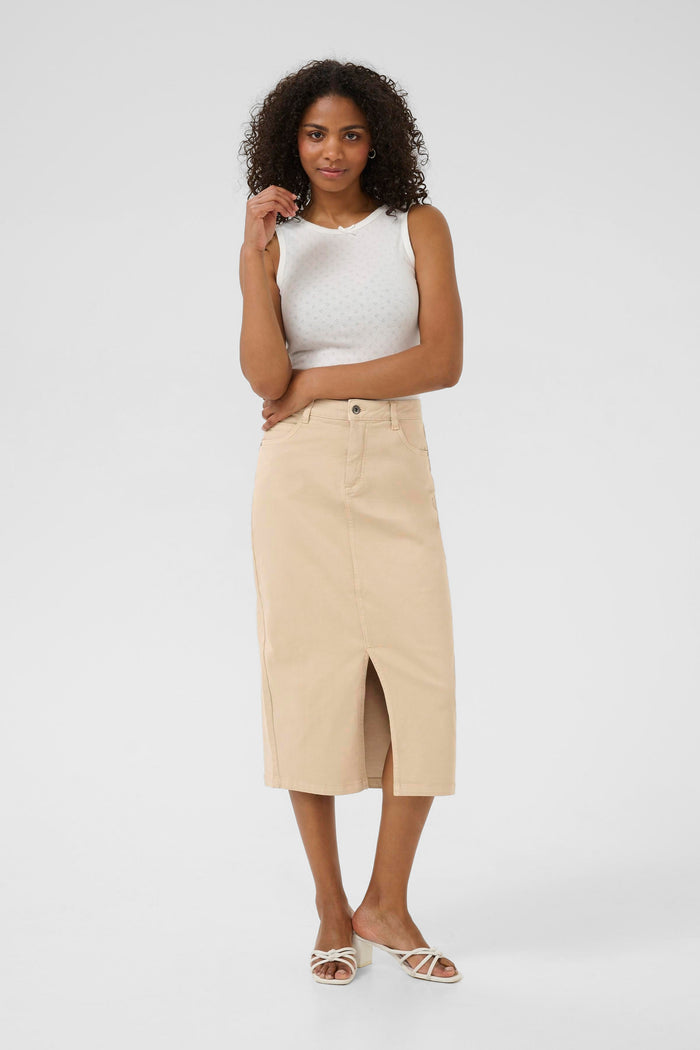 Kaffe Kazelina Feather Beige Denim Stretch Midi Skirt