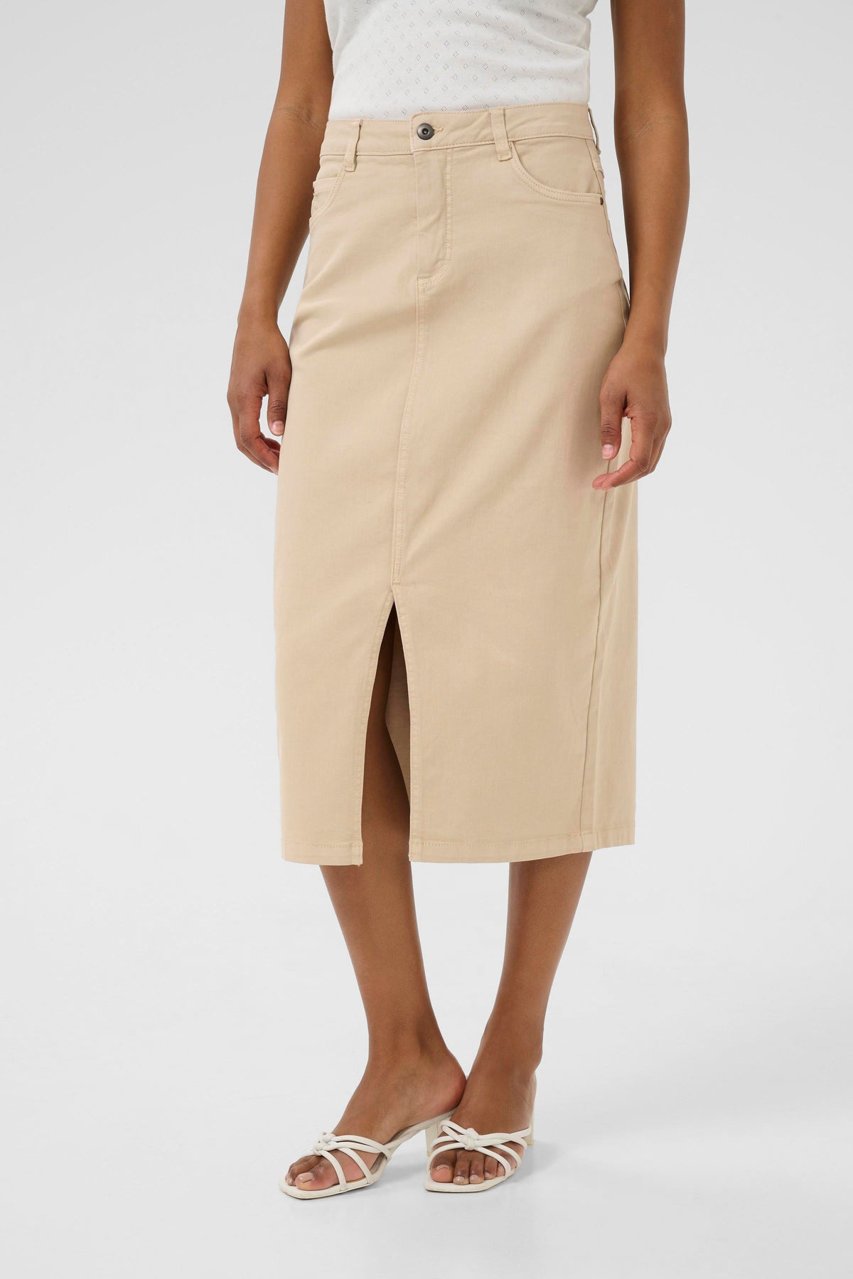 Kaffe Kazelina Feather Beige Denim Stretch Midi Skirt