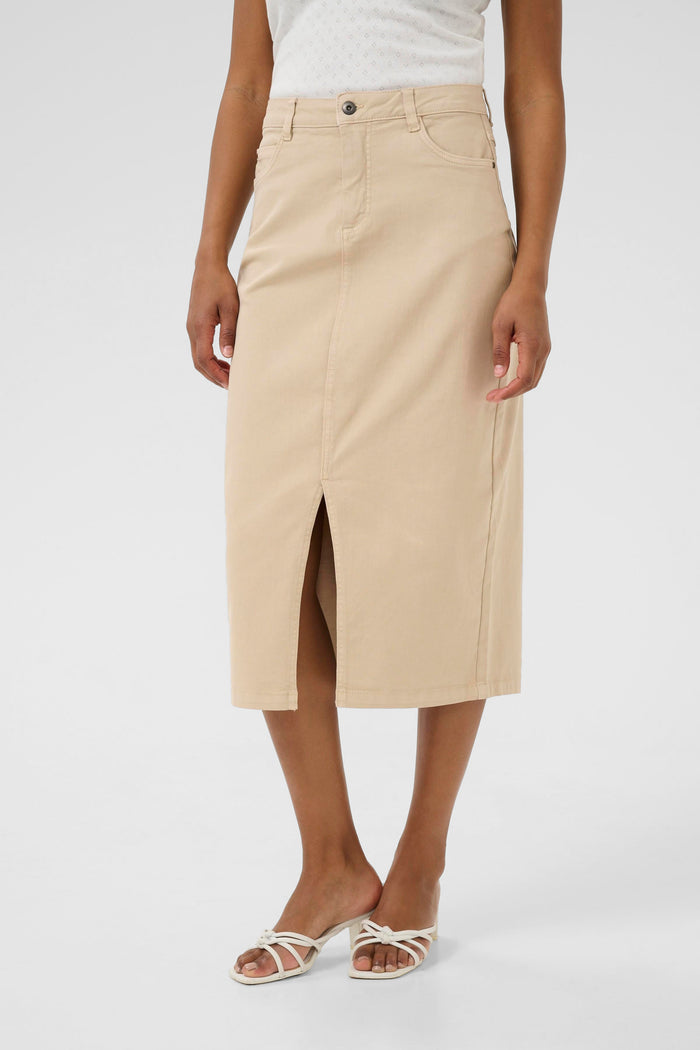 Kaffe Kazelina Feather Beige Denim Stretch Midi Skirt
