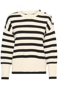 Kaffe Kamarie Antique Cream/Black Stripe Knitted Button Pullover, 10508747