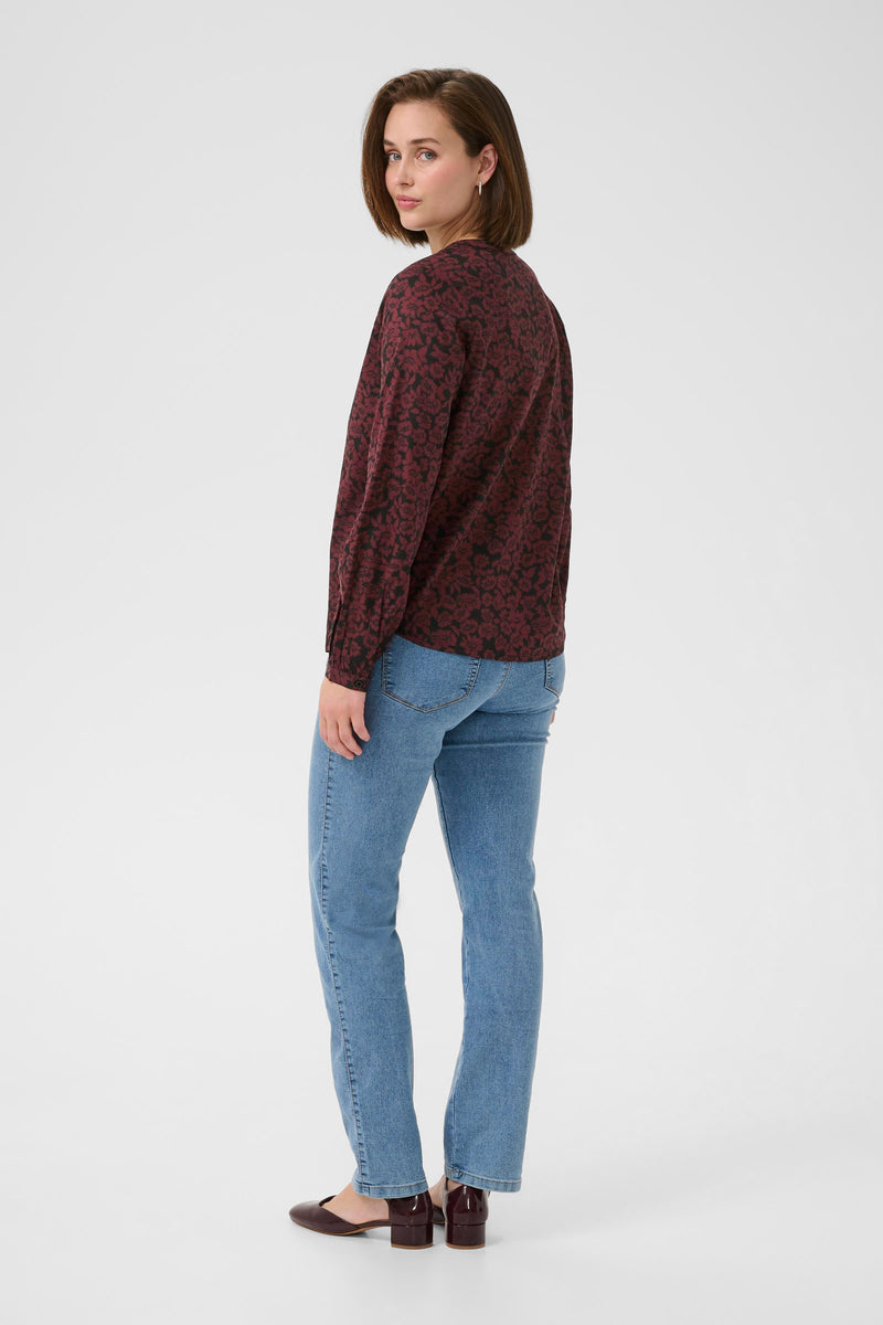 Kaffe Kabeathe Fudge/Black Flower Print V-Neck Blouse, 10508895