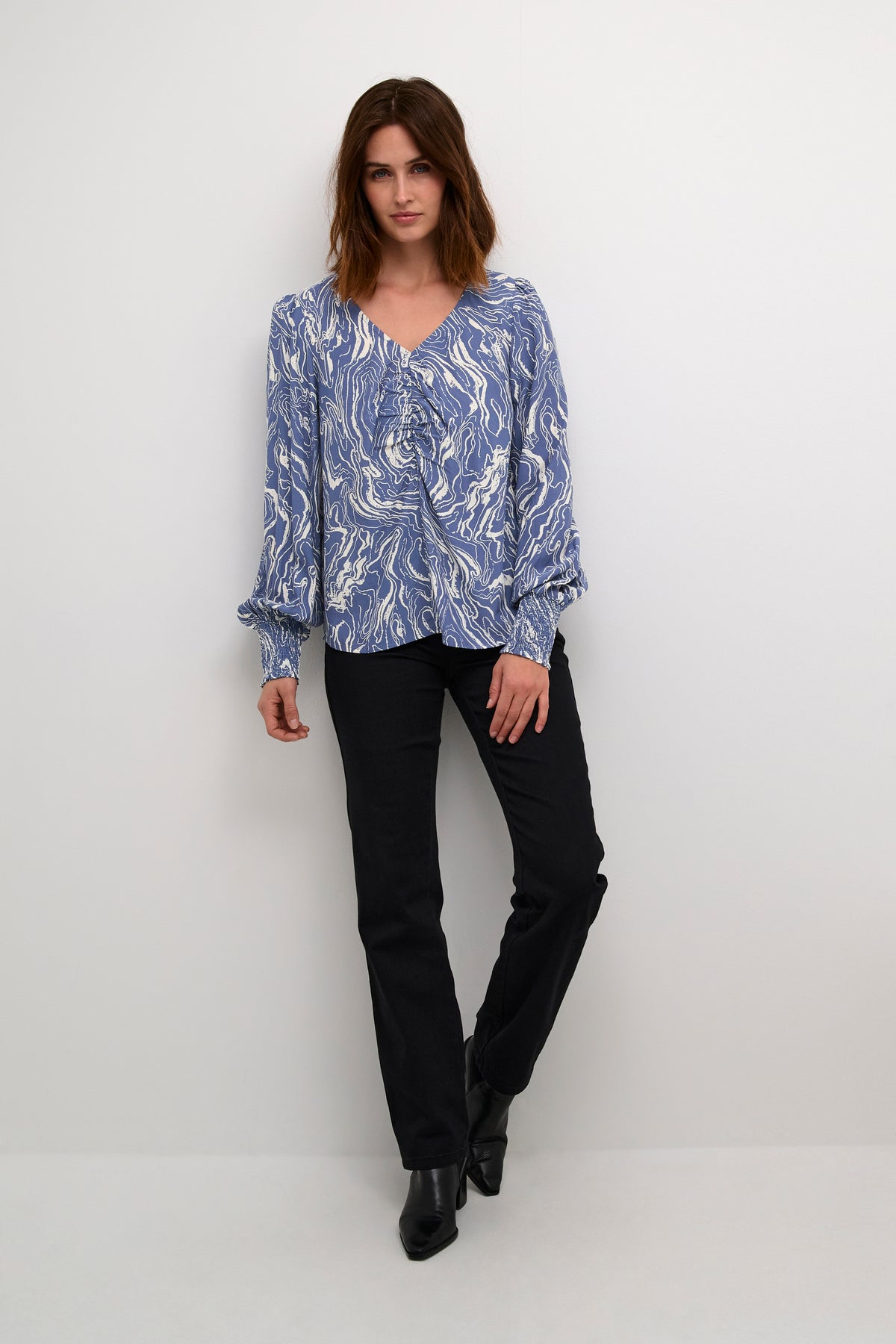 Kaffe Karona Blue Indigo Marble V-Neck Blouse, 10508919