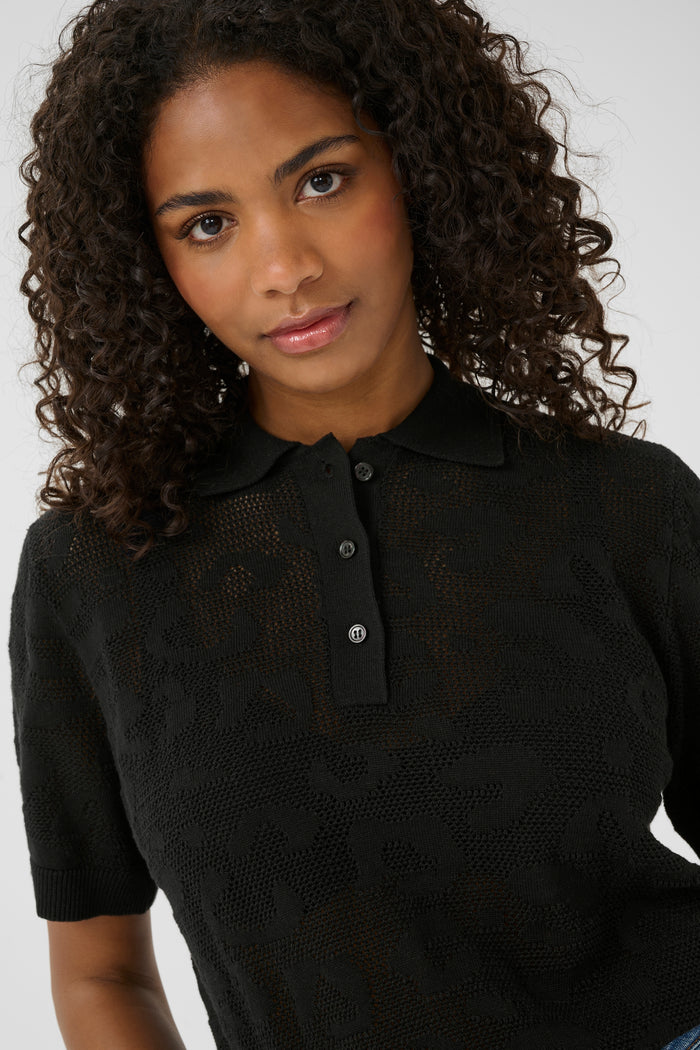 Kaffe Kaabela Black Embossed Knitted Polo Top