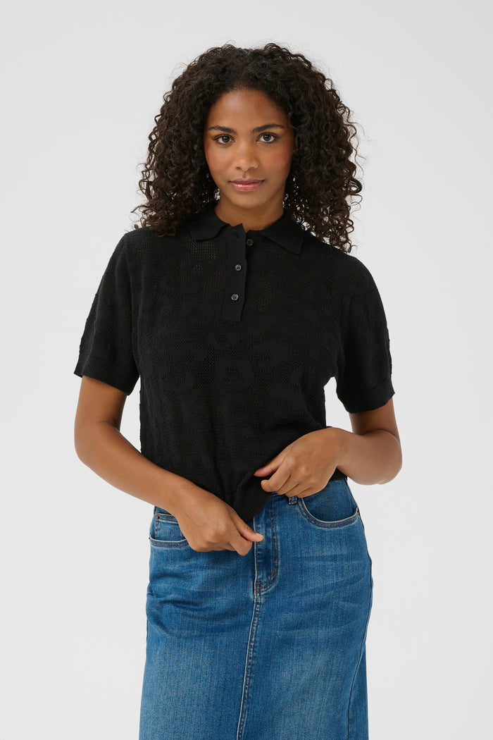 Kaffe Kaabela Black Embossed Knitted Polo Top