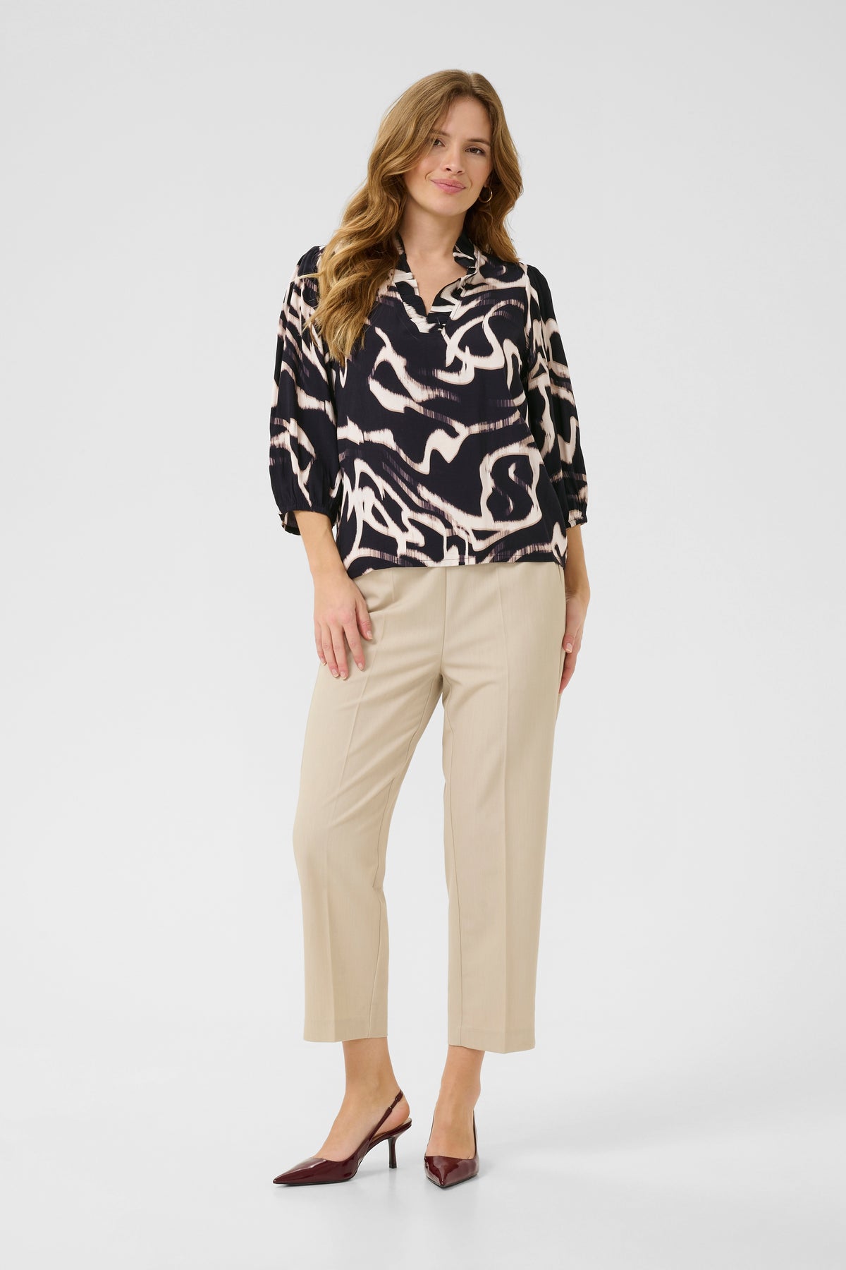 Kaffe Kamartha Black/Natural Printed Abstract V-Neck Top