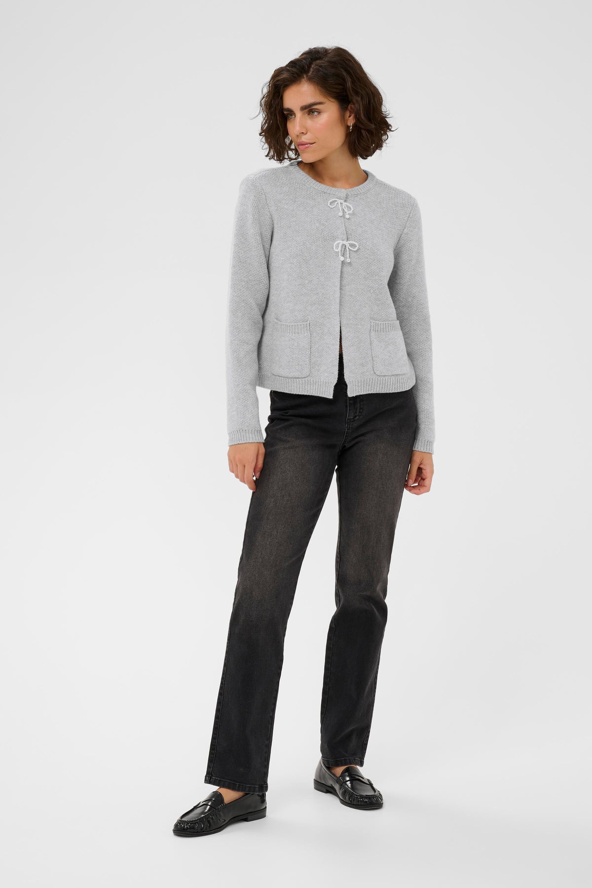 Kaffe Kabowie Grey Melange Pearl Bow Knitted Cardigan, 10510901