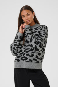 Kaffe KaSandra Grey Melange Leopard Supersoft Knit Jumper