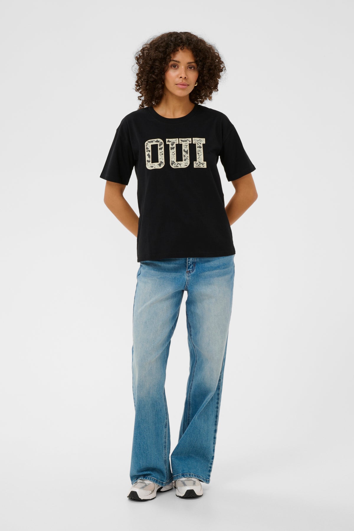 Kaffe Karosie Black 'Oui' Lace Logo T-Shirt, 10511300