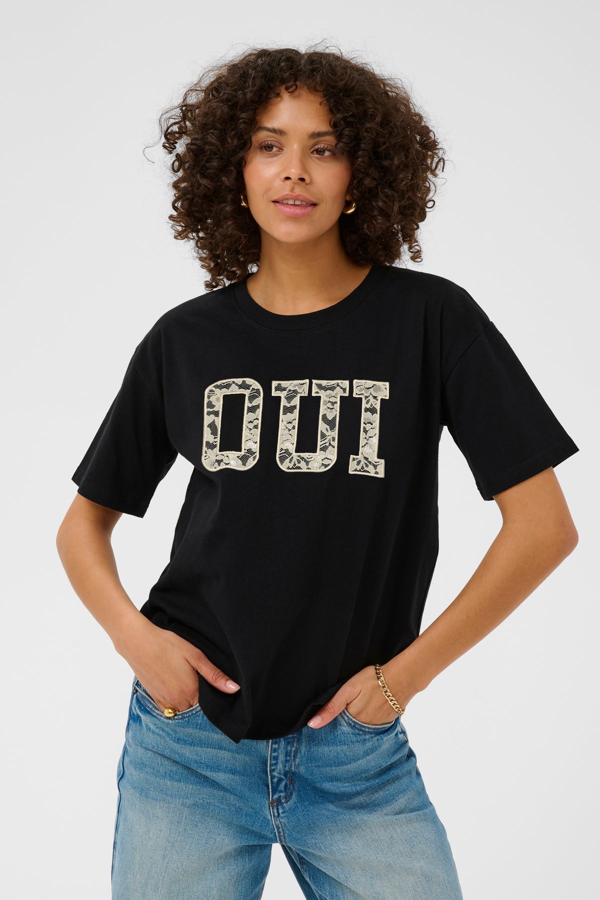 Kaffe Karosie Black 'Oui' Lace Logo T-Shirt, 10511300
