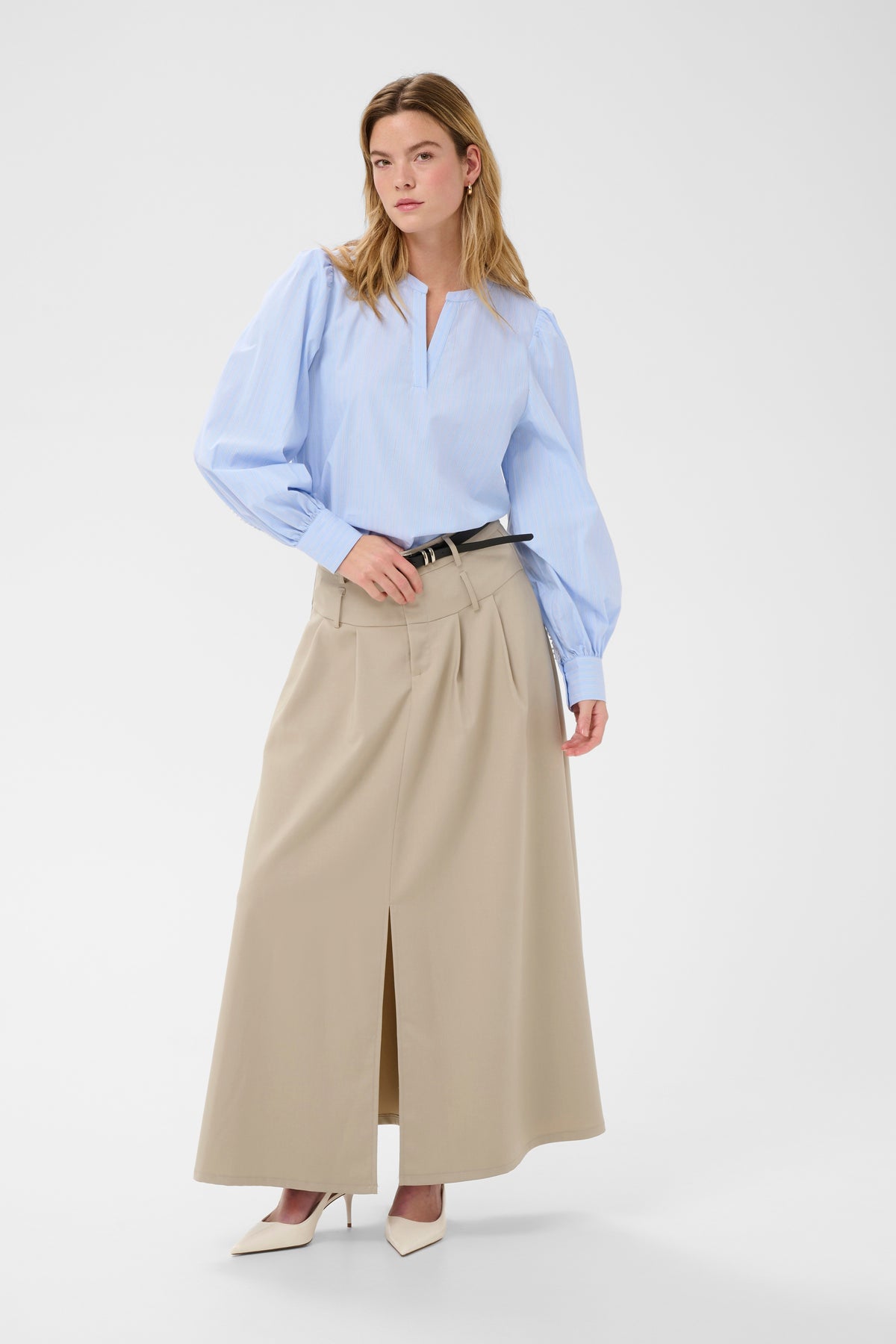 Kaffe Kajada Baby Blue Stripe V-Neck Blouse with Embroidered Back Detailing, 10511414