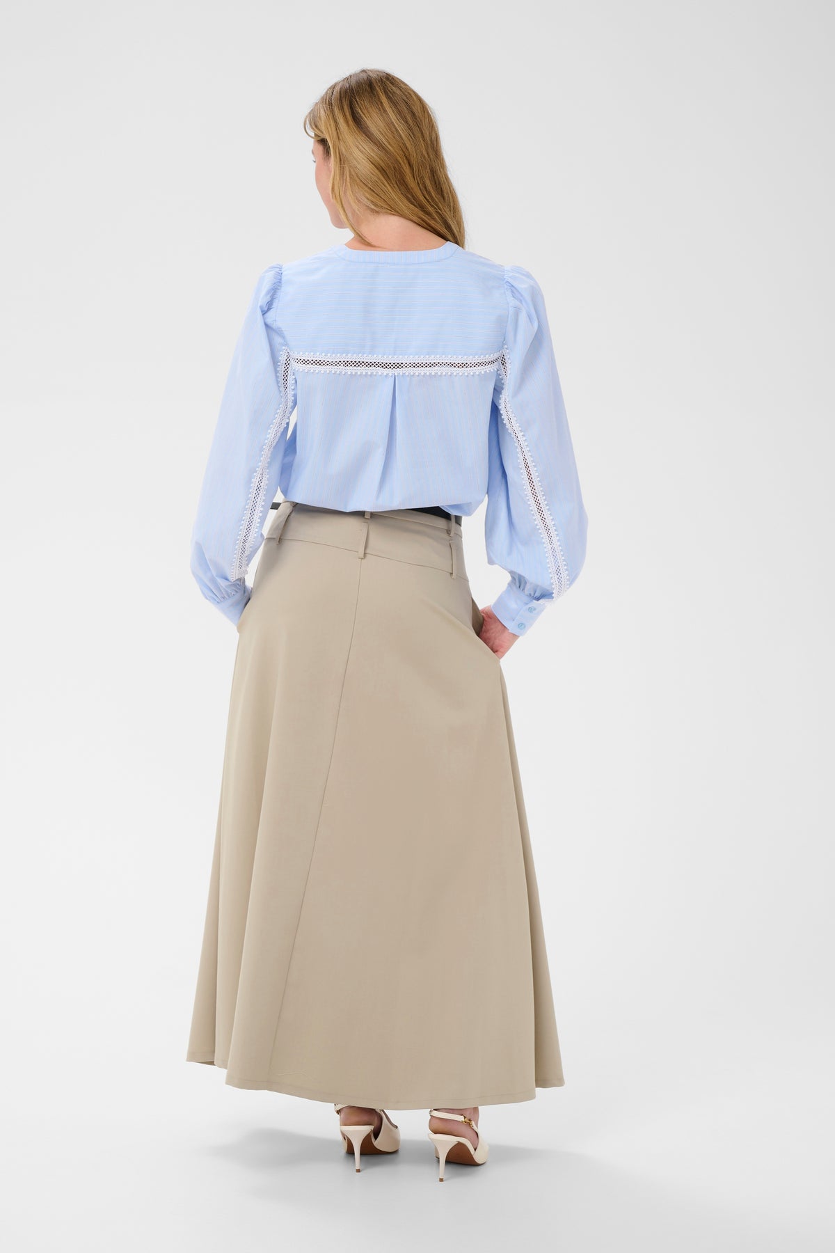 Kaffe Kajada Baby Blue Stripe V-Neck Blouse with Embroidered Back Detailing, 10511414