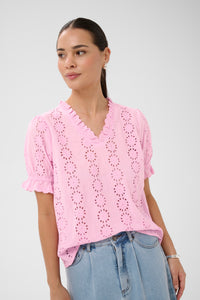 Kaffe Kadona Pink Frosting Embroidered V-Neck Blouse