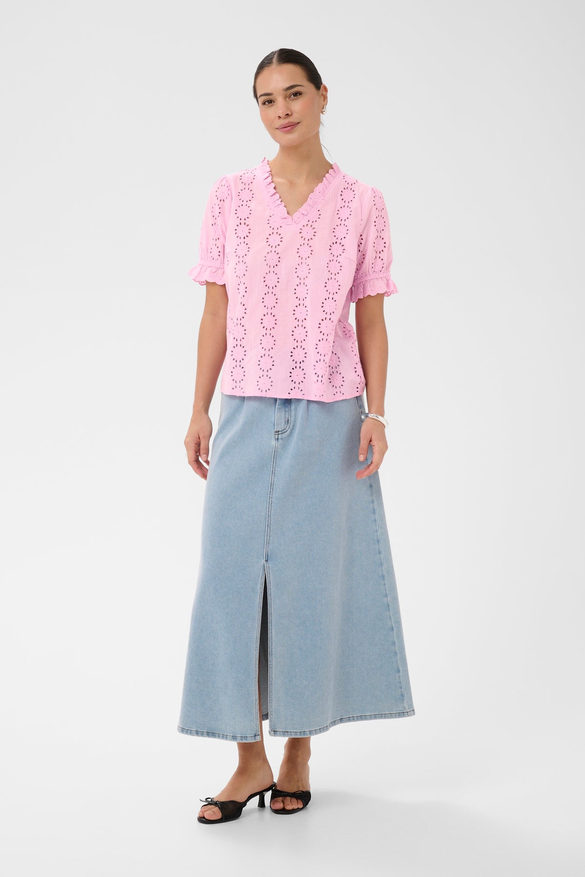 Kaffe Kadona Pink Frosting Embroidered V-Neck Blouse