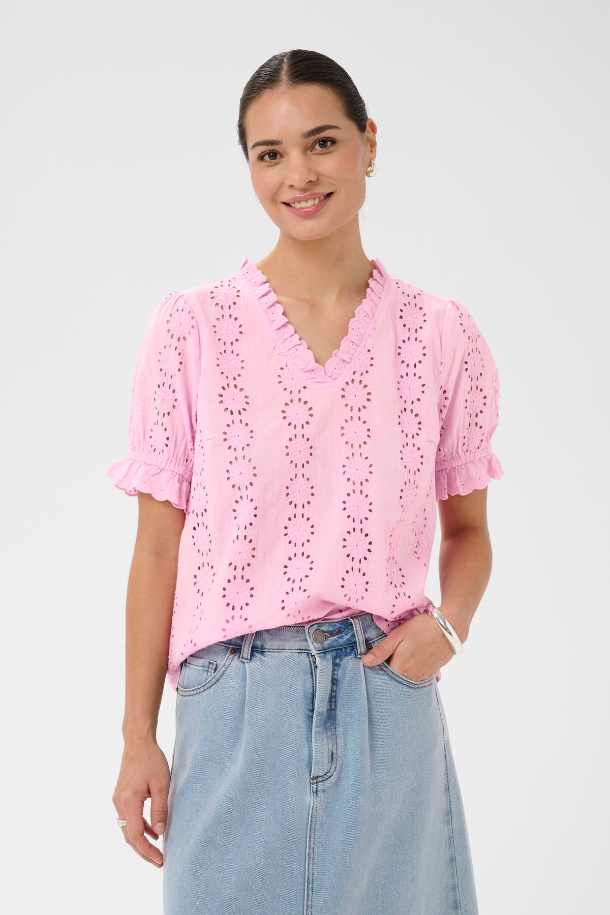 Kaffe Kadona Pink Frosting Embroidered V-Neck Blouse