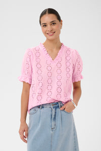 Kaffe Kadona Pink Frosting Embroidered V-Neck Blouse