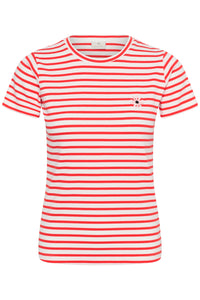 Kaffe Kaliddy Chalk/Poppy Red Striped T-Shirt with Embroidered Pink Flower, 10511591