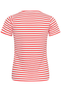 Kaffe Kaliddy Chalk/Poppy Red Striped T-Shirt with Embroidered Pink Flower, 10511591
