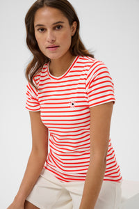 Kaffe Kaliddy Chalk/Poppy Red Striped T-Shirt with Embroidered Pink Flower, 10511591