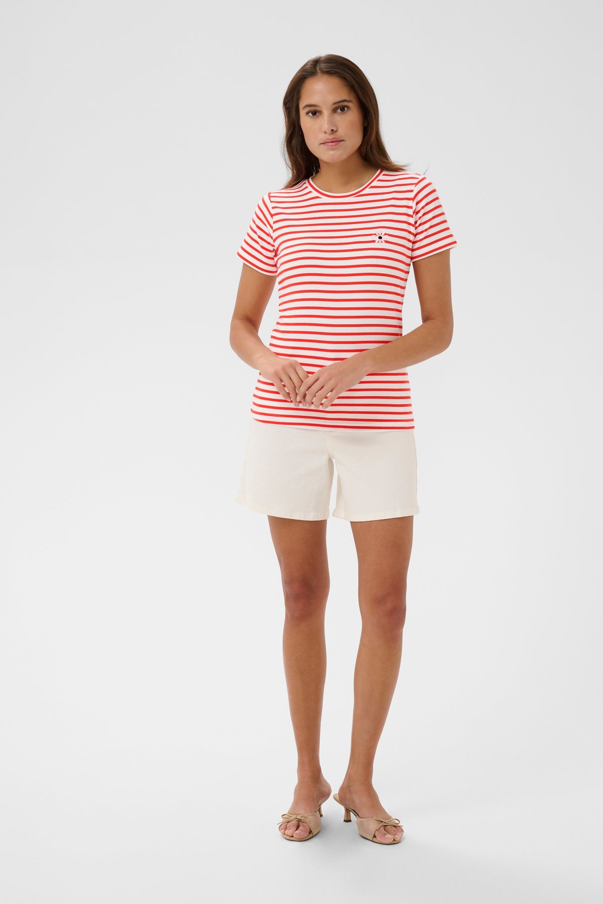 Kaffe Kaliddy Chalk/Poppy Red Striped T-Shirt with Embroidered Pink Flower, 10511591