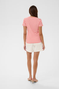 Kaffe Kaliddy Chalk/Poppy Red Striped T-Shirt with Embroidered Pink Flower, 10511591