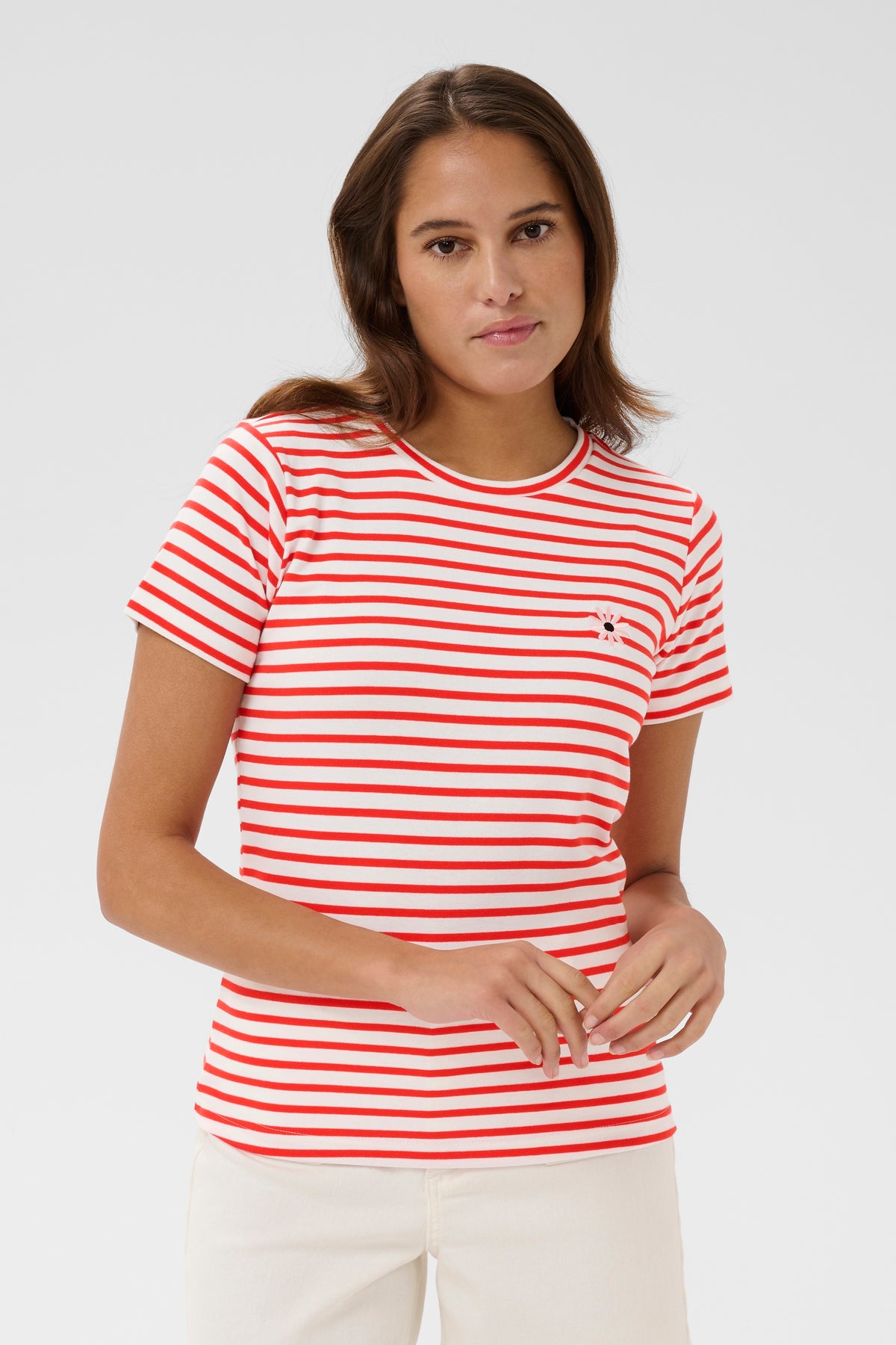 Kaffe Kaliddy Chalk/Poppy Red Striped T-Shirt with Embroidered Pink Flower, 10511591