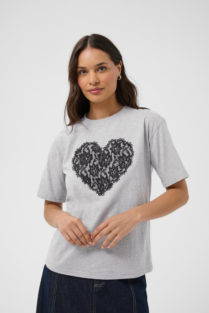 Kaffe Kagloria Grey Melange T-Shirt with Lace Heart
