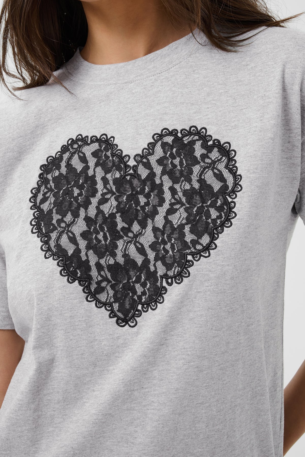 Kaffe Kagloria Grey Melange T-Shirt with Lace Heart