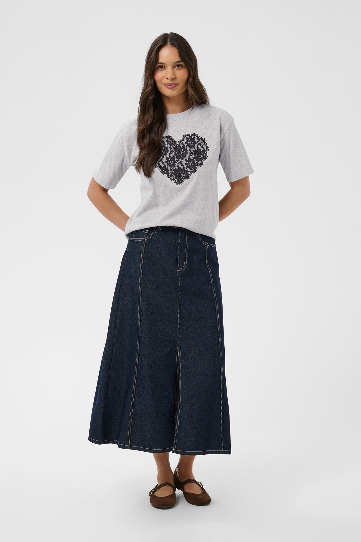 Kaffe Kagloria Grey Melange T-Shirt with Lace Heart
