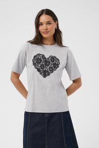 Kaffe Kagloria Grey Melange T-Shirt with Lace Heart