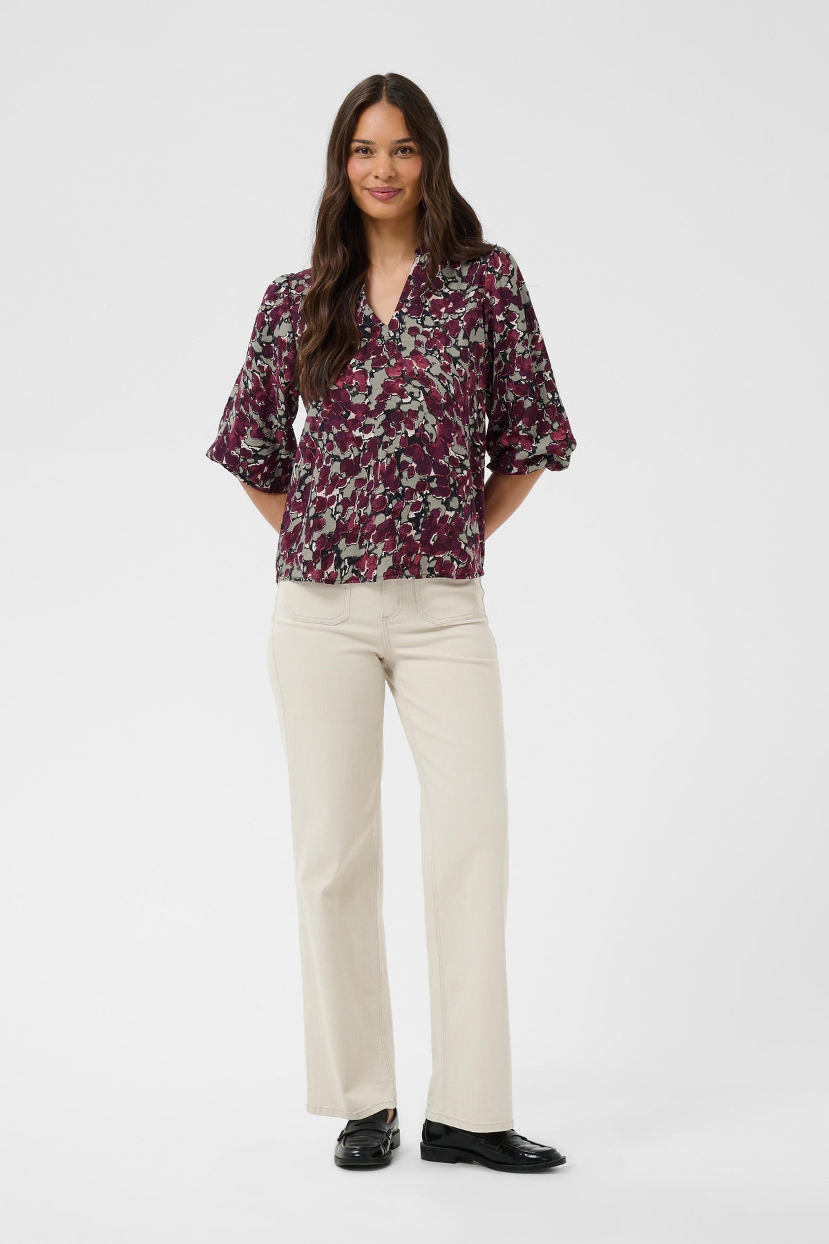 Kaffe Kasirena Fudge Abstract Animal Print V-Neck Blouse, 10512211