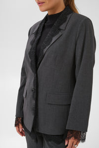 Kaffe Karielle Grey Melange Single Breasted Blazer with Lace Detailing, 10512351